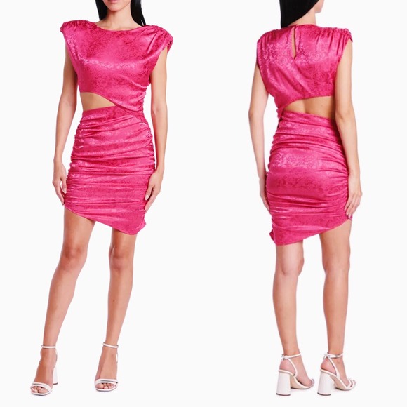 NWT Ronny Kobo Kyle Hot Pink Asymmetric Cutout Ruched Mini Dress - Picture 1 of 6